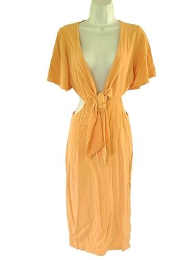Lulus Summer Journey light orange tie-front cutout midi Peach Tie-Front Size S
